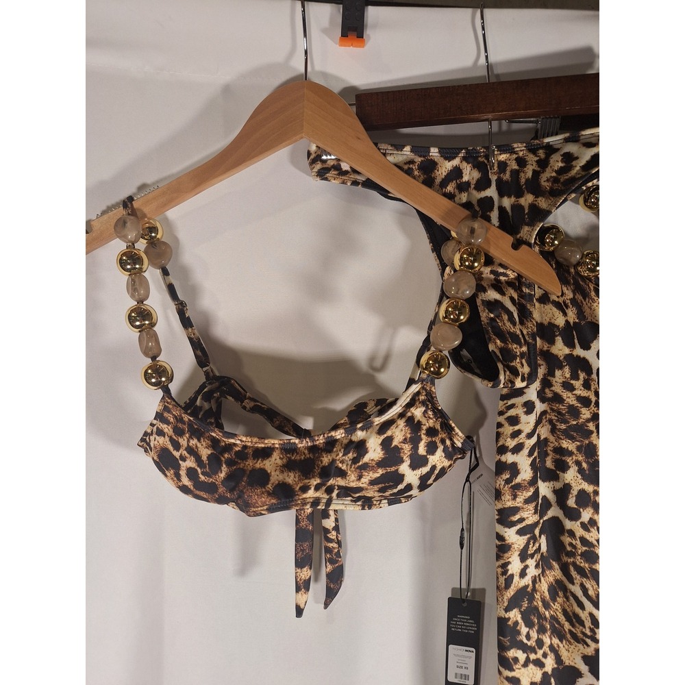 Fashion Nova Remi Bead Straps Leopard 3 Piece Bikini and Skirt Set Brown XS NEW - Picture 3 of 7
